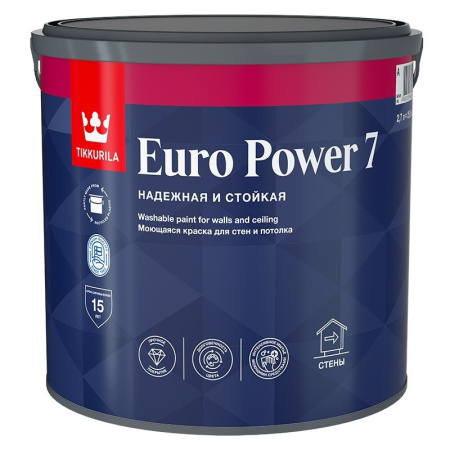 Краска моющаяся матовая Tikkurila Euro Power 7, база С, под колеровку, 0,9 л
