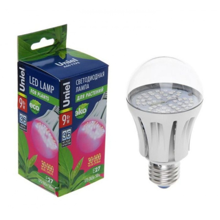 Лампа светодиодная для растений. Форма "A", прозрачная колба LED-A60-9W/SP/E27/CL ALM01WH Uniel /1/5