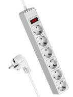 Удлинитель 5м, ПВС 3х0.75, 6 гнезд шторки, заземление, IP20, выкл, 220В 10А 2200Вт, белый, КОСМОС /1