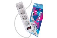 Удлинитель 1.5м, ПВС 3х0.75, 4 гнезда шторки, заземление, IP20, выкл, 220В 10А 2200Вт, белый, КОСМОС