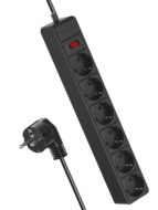 Удлинитель 5м, ПВС 3х0.75, 6 гнезд шторки, заземление, IP20, выкл, 220В 10А 2200Вт, черный, КОСМОС /