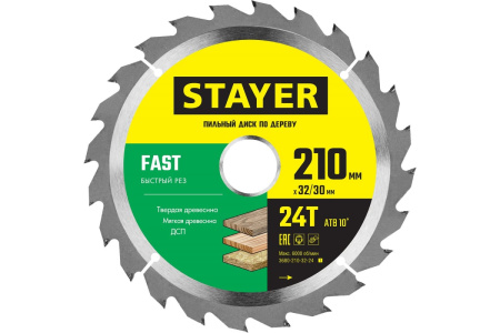 3680-210-32-24 STAYER FAST 210 x 32/30мм 24Т, диск пильный по дереву, быстрый рез