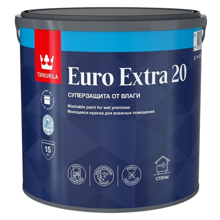 Краска моющаяся полуматовая Tikkurila Euro Extra 20, база А, белый, 2,7 л