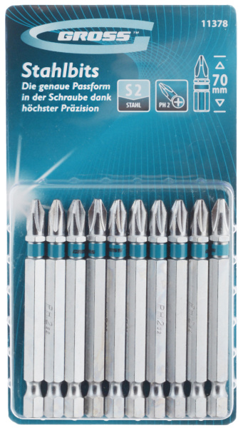 11378 Биты GROSS PH2 x 70 мм, сталь S2, (10 шт/уп)