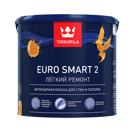 Краска интерьерная глубокоматовая Tikkurila Euro Smart 2, база А, белый, 2,7 л